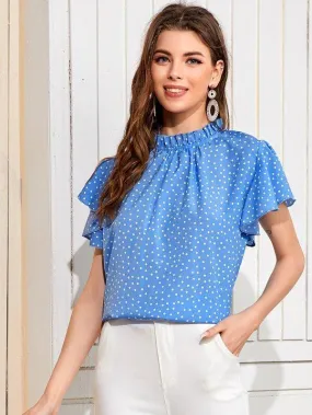 Polka Dot Frill Neck Flutter Sleeve Blouse