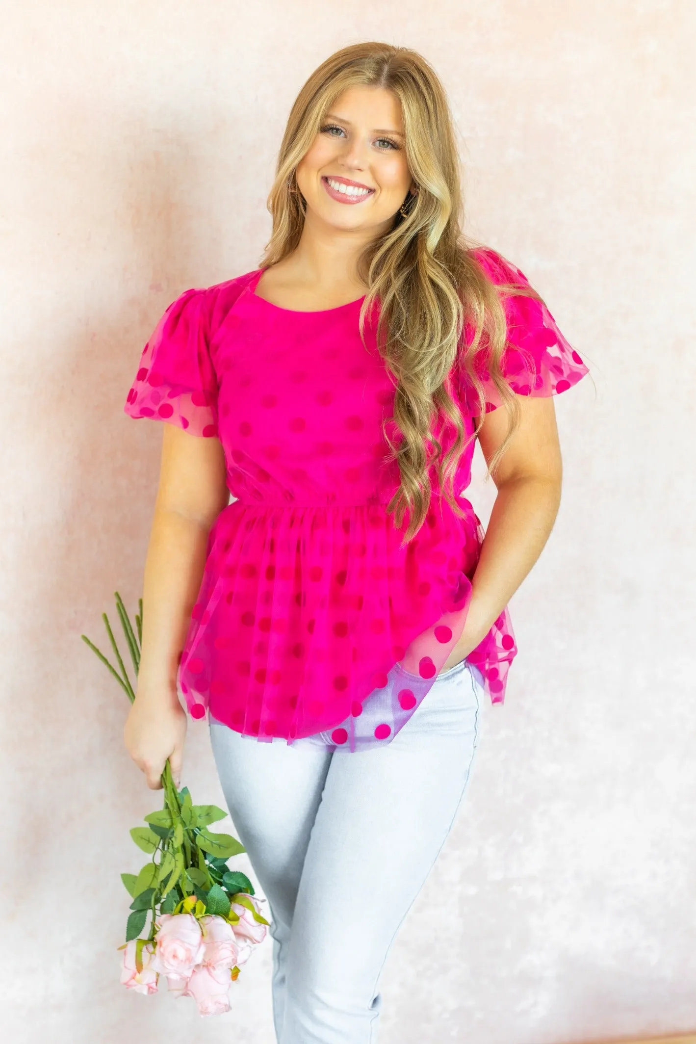 Polka Dot Mesh Peplum Blouse