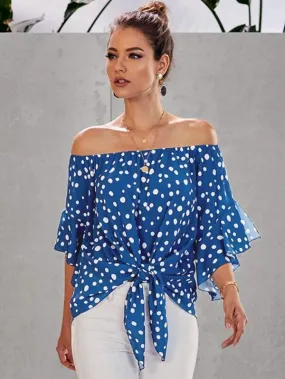 Polka Dot Off Shoulder Knot Hem Blouse