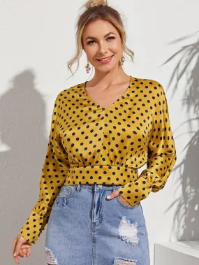 Polka Dot Shirred Crop Blouse