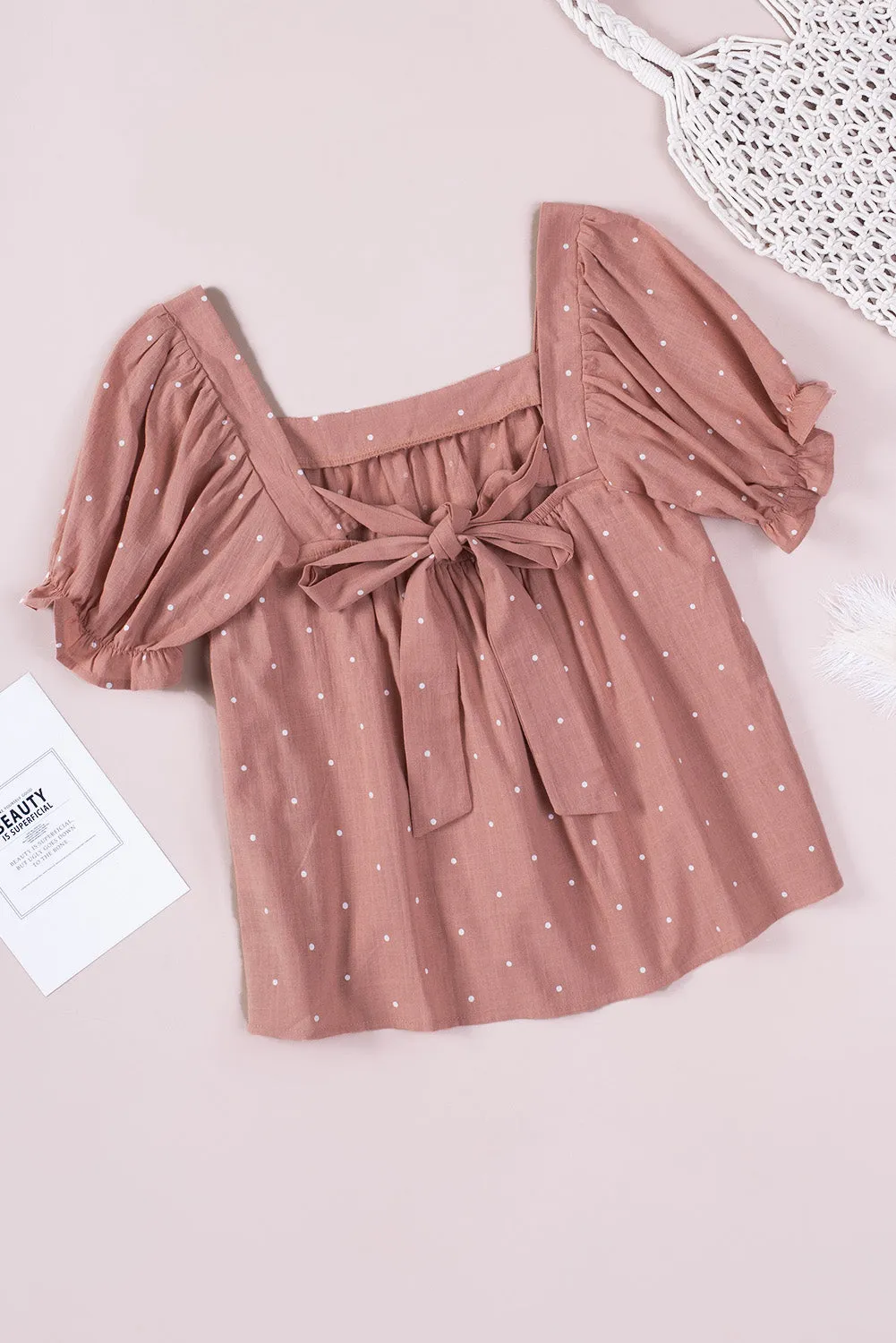 Polka Dot Tie-Back Puff Sleeve Blouse