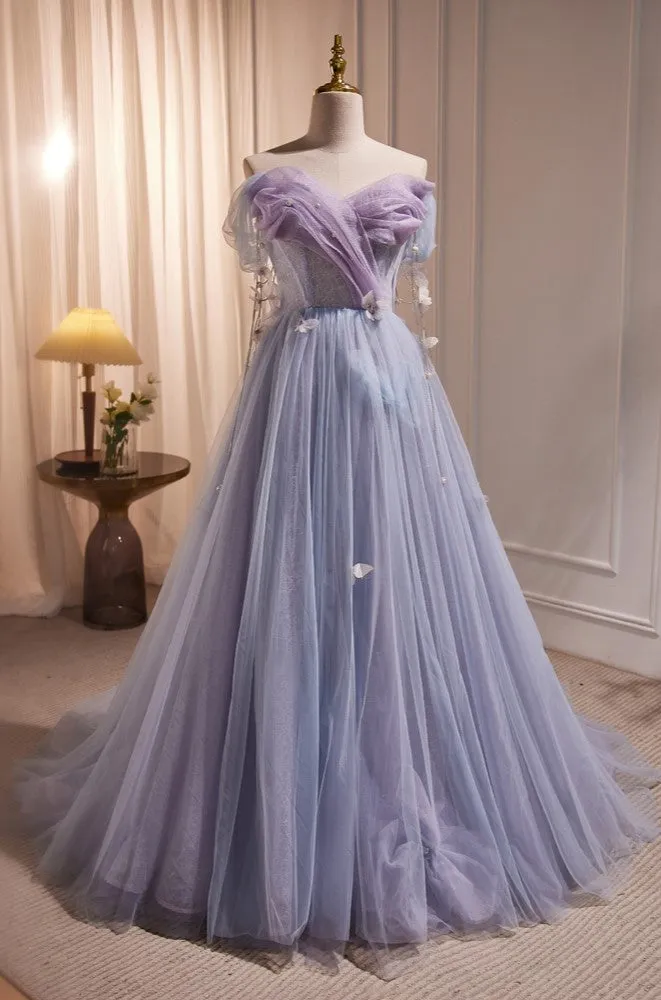 Princess Strapless Party Gown Purple Tulle Long Prom Dresses