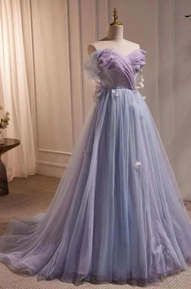 Princess Strapless Party Gown Purple Tulle Long Prom Dresses