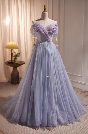 Princess Strapless Party Gown Purple Tulle Long Prom Dresses