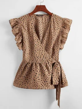 Ruffle Armhole Polka Dot Tie Side Wrap Peplum Top