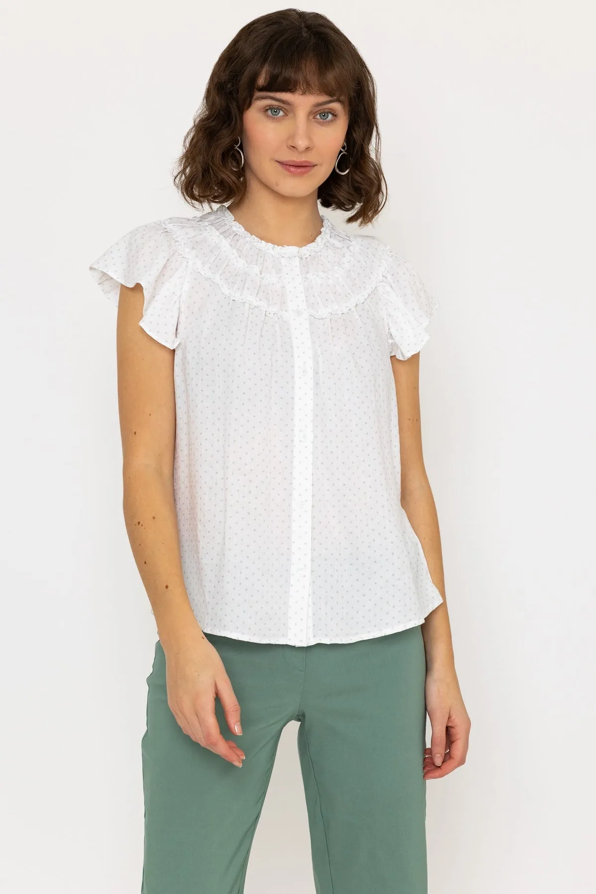 Ruffle Blouse in White Print