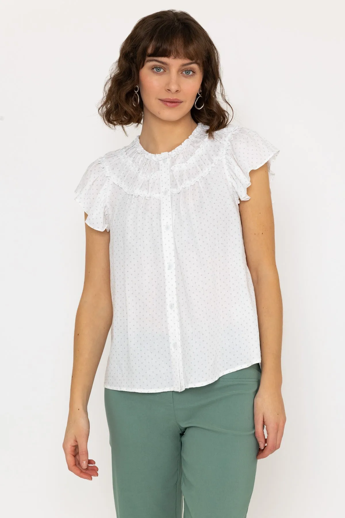 Ruffle Blouse in White Print