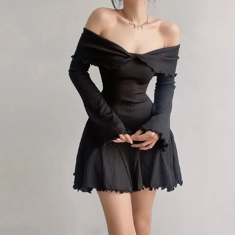 Sexy Black Autumn Strapless Off Shoulder Knitting Mini Club Party A-Line Dress