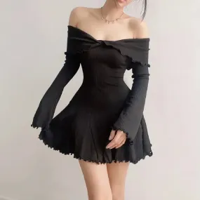 Sexy Black Autumn Strapless Off Shoulder Knitting Mini Club Party A-Line Dress