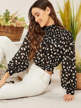 Smocked Mock Neck Polka Dot Long Sleeve Blouse