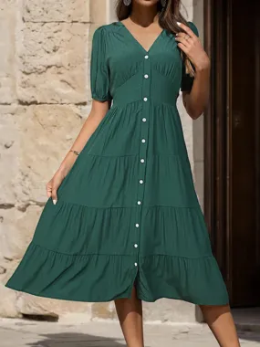 Smocked Waist Button-Up Midi Dress with Tiers