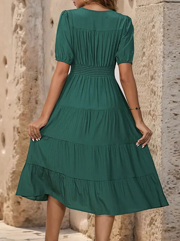 Smocked Waist Button-Up Midi Dress with Tiers