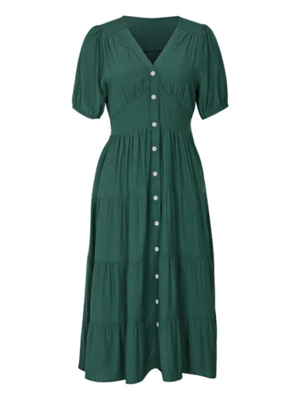 Smocked Waist Button-Up Midi Dress with Tiers