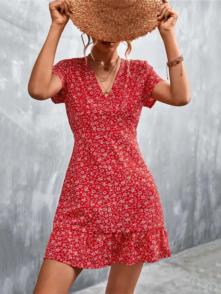 Summer Short Boho V Neck Floral Party Bohemian Flower Mini A-Line Dress