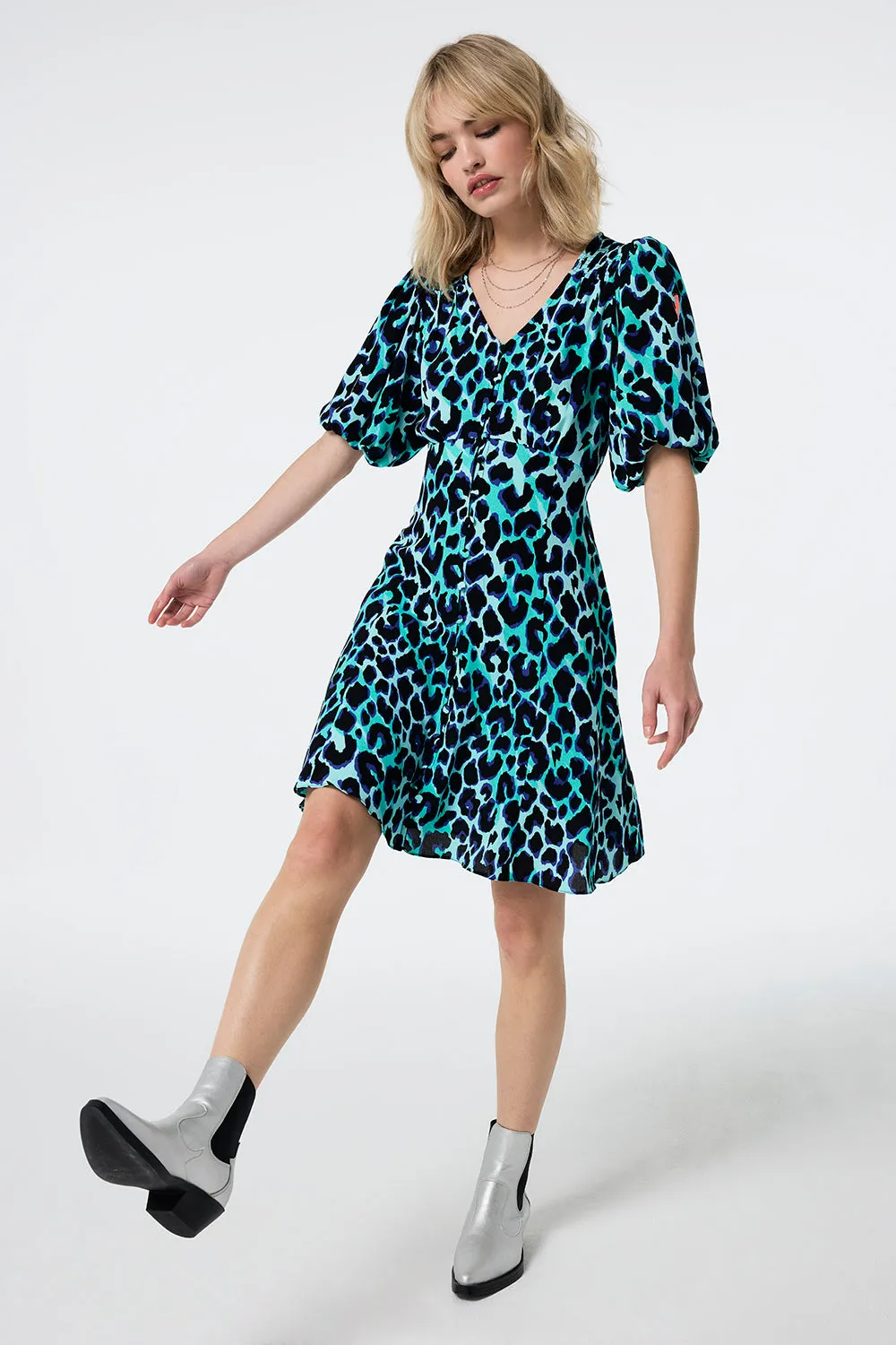 Turquoise with Black and Blue Shadow Leopard Puff Sleeve Short Tea Dress