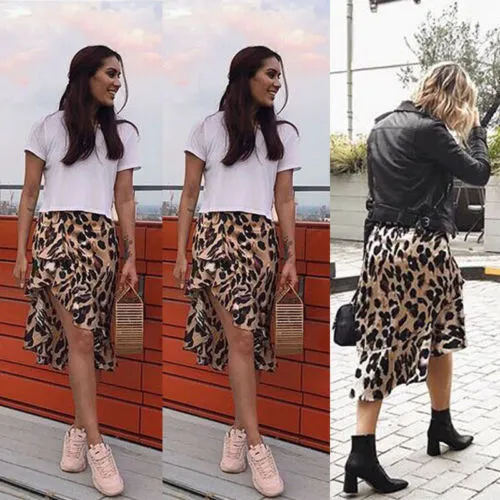 VenusFox High Waisted Asymmetric Stretch Leopard Skirt