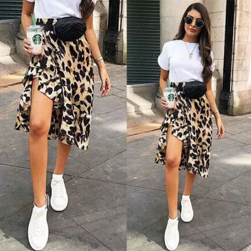 VenusFox High Waisted Asymmetric Stretch Leopard Skirt