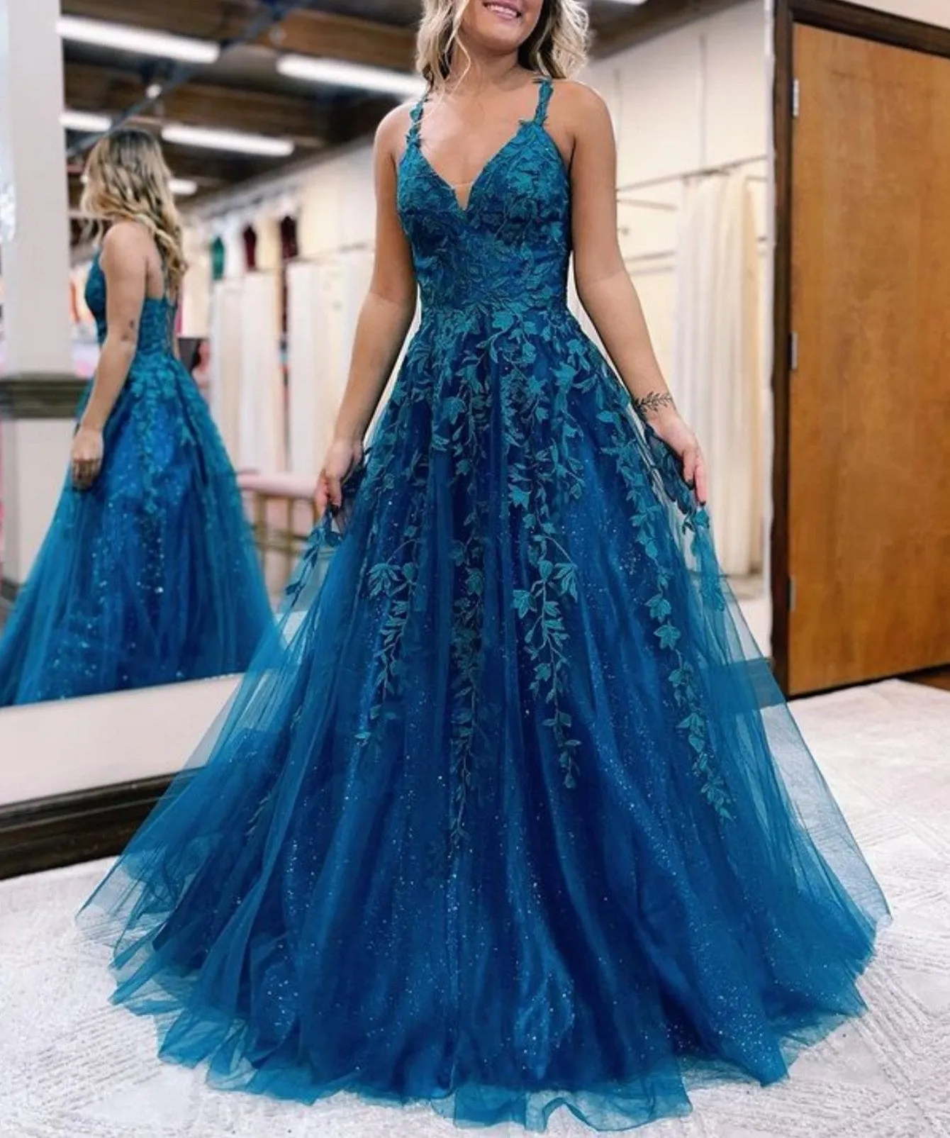 Veronica |A Line Ink Blue Glitter Tulle Lace Prom Dress