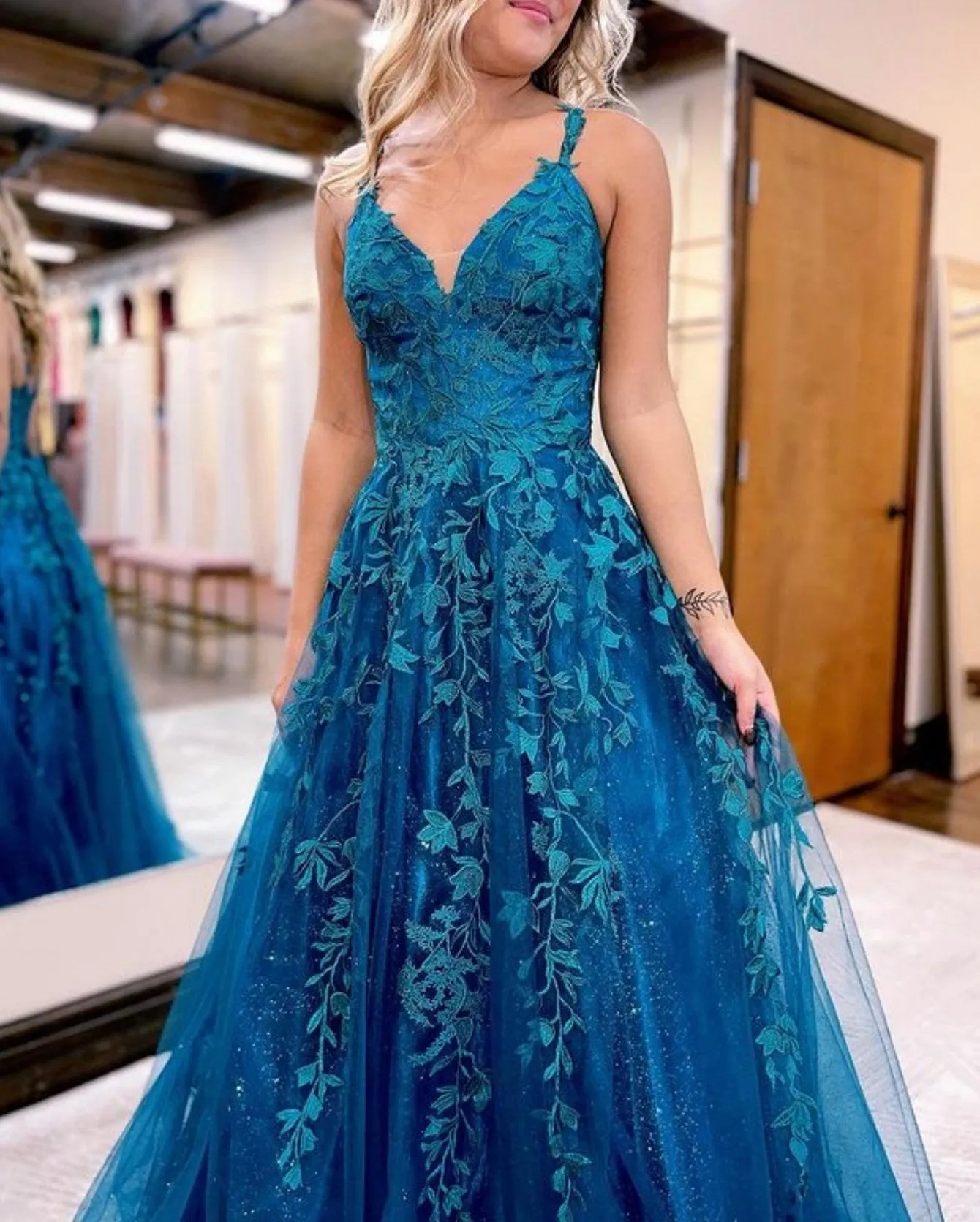 Veronica |A Line Ink Blue Glitter Tulle Lace Prom Dress