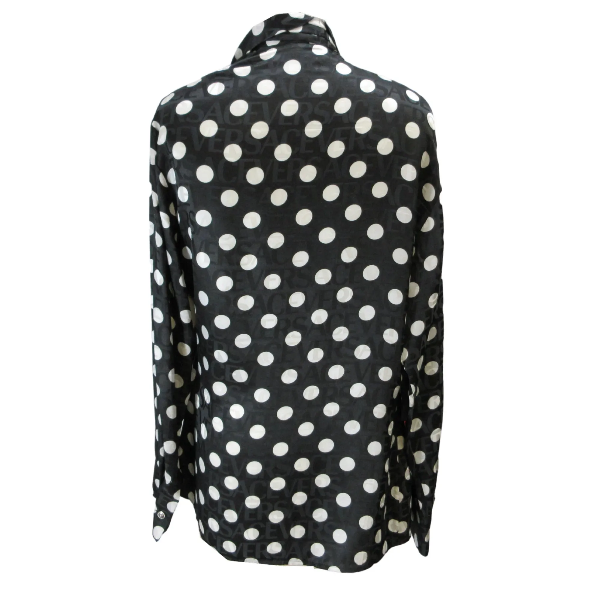 Versace Black / White 2022 Tie Neck Polka Dot Print Silk Blouse