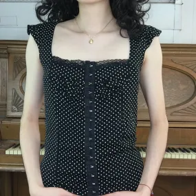 Vintage 90s | Black Polka Dot Babydoll Empire Bustier Corset Blouse | XS