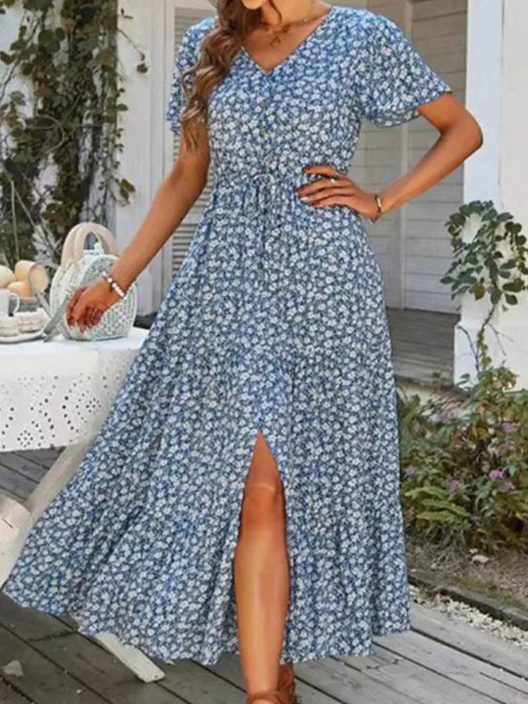 Vintage Floral Elegant Loose Slit Summer Beach Holiday Long Print A-Line Dress