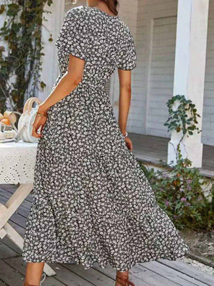 Vintage Floral Elegant Loose Slit Summer Beach Holiday Long Print A-Line Dress