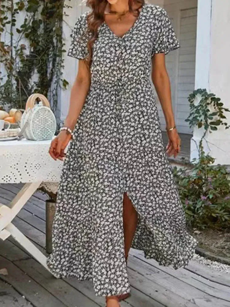 Vintage Floral Elegant Loose Slit Summer Beach Holiday Long Print A-Line Dress