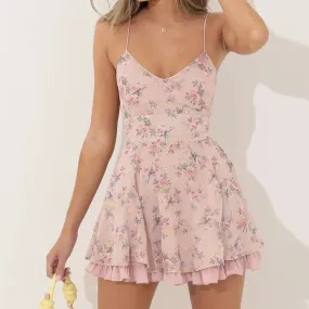 Vintage Floral V-Neck Tie-Up Backless Cocktail A-Line Dress with Ruffles Hem for Women