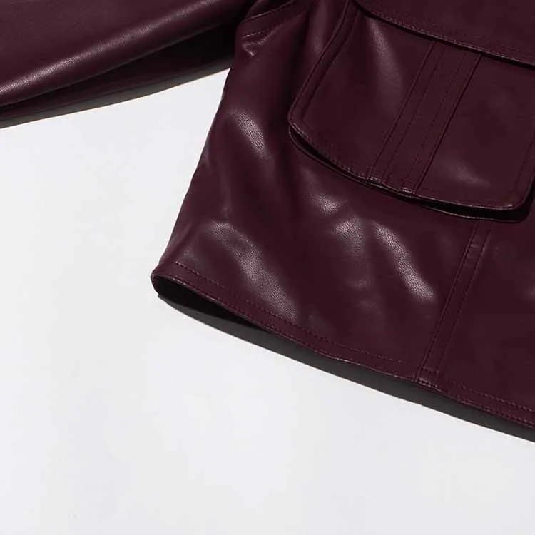 Wine Red Faux Leather Cropped Jacket Oversized One Button Coat