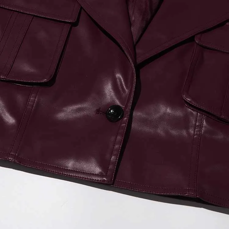 Wine Red Faux Leather Cropped Jacket Oversized One Button Coat