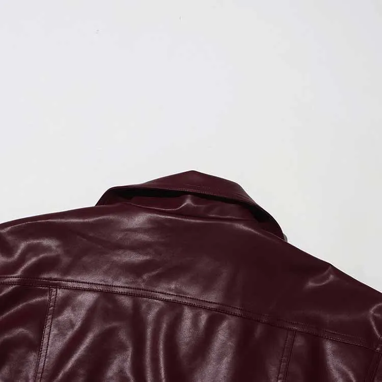 Wine Red Faux Leather Cropped Jacket Oversized One Button Coat