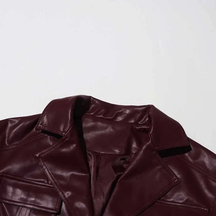 Wine Red Faux Leather Cropped Jacket Oversized One Button Coat