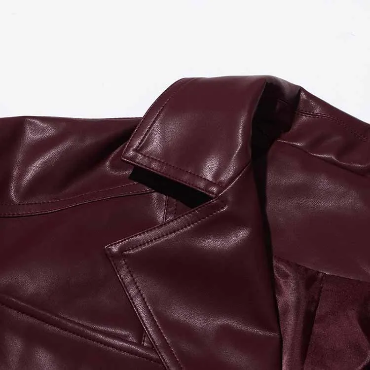 Wine Red Faux Leather Cropped Jacket Oversized One Button Coat