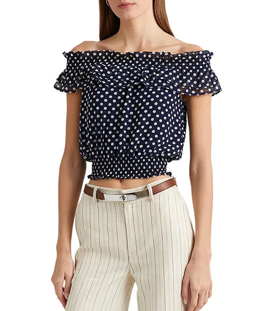 Women's Polka-Dot Off-the-Shoulder Blouse Navy/Cream